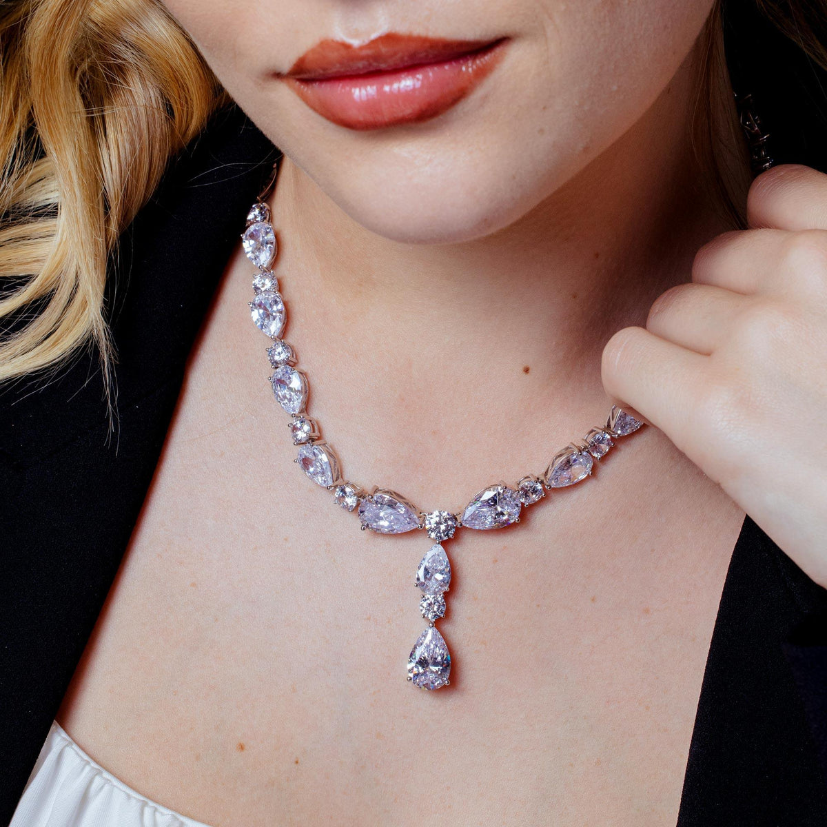 Rhodium Plated 925 Sterling Silver CZ Chunky Tear Drop Bridal Necklace- STP01850