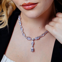 Rhodium Plated 925 Sterling Silver CZ Chunky Tear Drop Bridal Necklace- STP01850