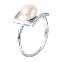 Silver 925 Rhodium Plated Open Square Synthetic Pearl Ring - STR01038