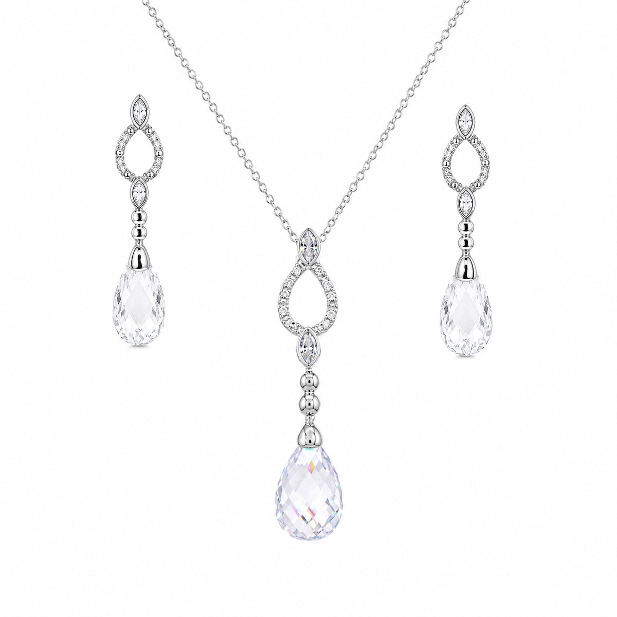 Rhodium Plated 925 Silver Open Teardrop CZ Dangling Stud Earring and Necklace Bridal Set - STS00074