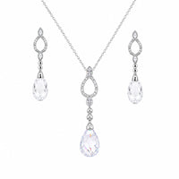 Rhodium Plated 925 Silver Open Teardrop CZ Dangling Stud Earring and Necklace Bridal Set - STS00074