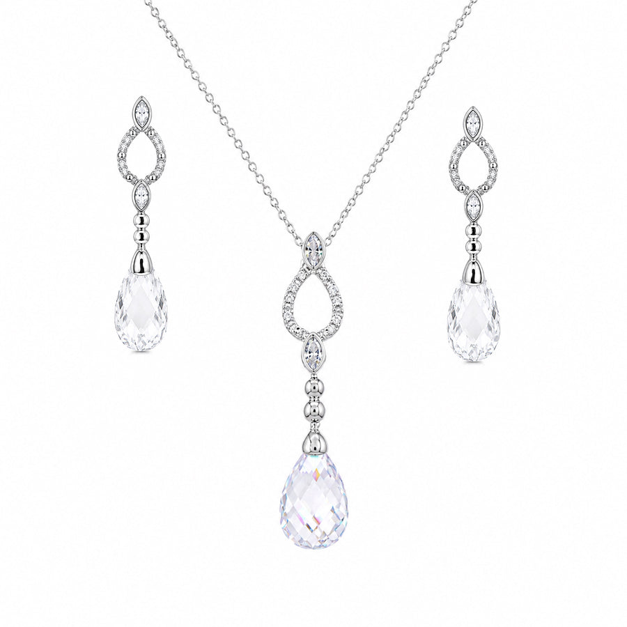 Rhodium Plated 925 Silver Open Teardrop CZ Dangling Stud Earring and Necklace Bridal Set - STS00074