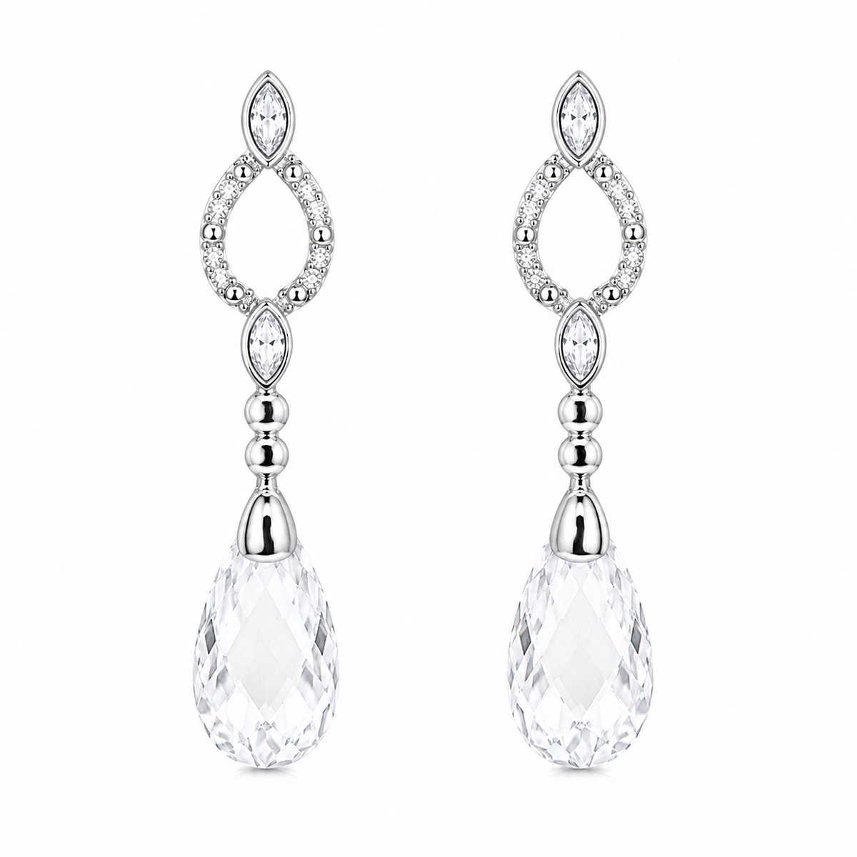 Rhodium Plated 925 Silver Open Teardrop CZ Dangling Stud Earring and Necklace Bridal Set - STS00074