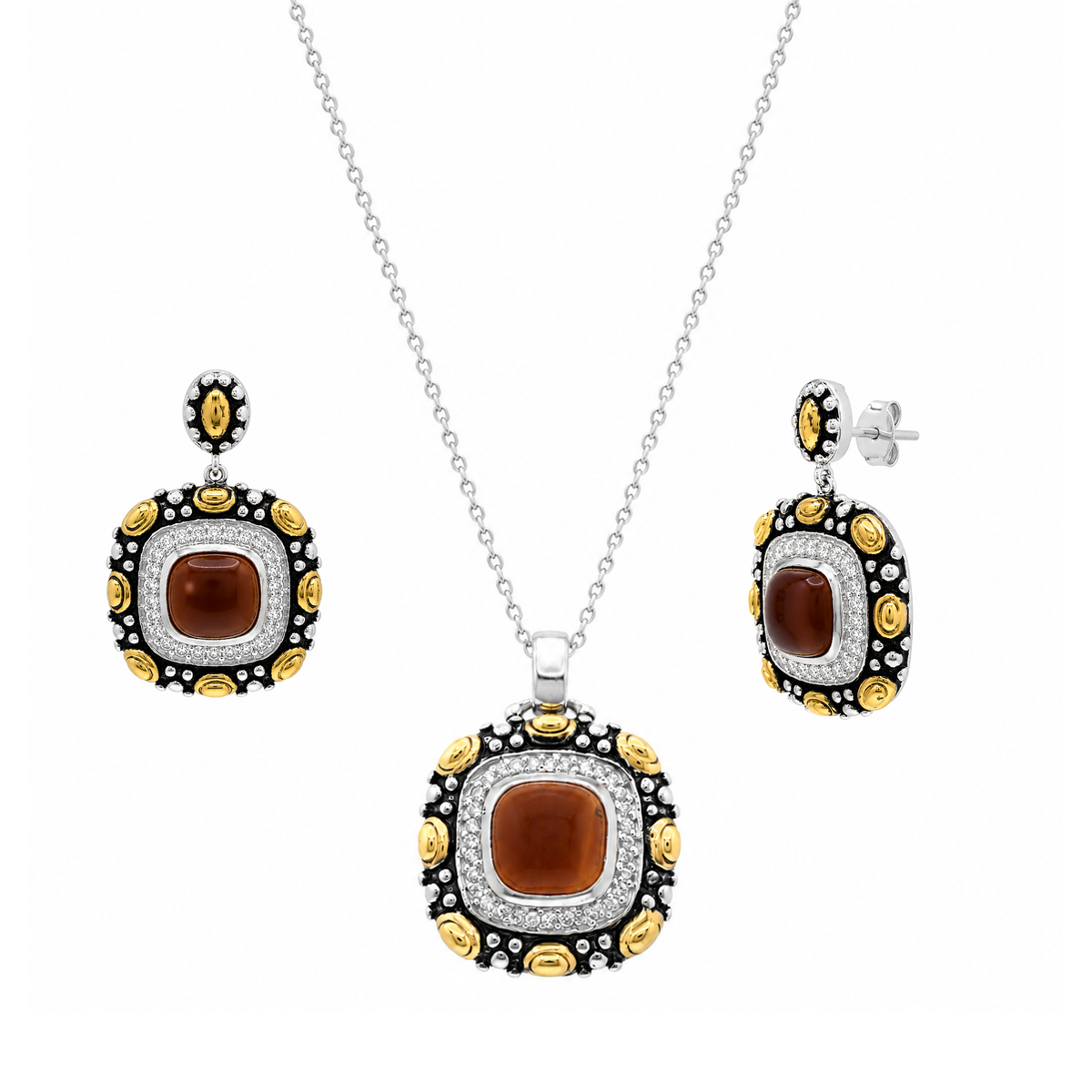 Final Price-Two-Tone Oxidized Brown Stone & CZ Square Pendant and Dangle Earring Jewelry Set- STS00093