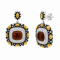 Final Price-Two-Tone Oxidized Brown Stone & CZ Square Pendant and Dangle Earring Jewelry Set- STS00093