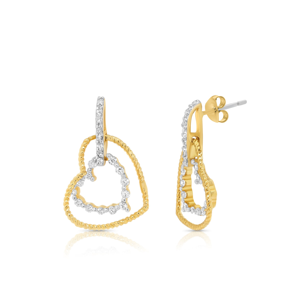 Clearance-Gold Plated 925 Sterling Silver Double Heart Dangle CZ Sets - STS00138