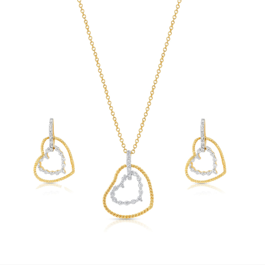 Clearance-Gold Plated 925 Sterling Silver Double Heart Dangle CZ Sets - STS00138