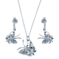 Rhodium Plated 925 Sterling Silver Butterfly CZ Dangling Earring and Necklace Set - STS00162
