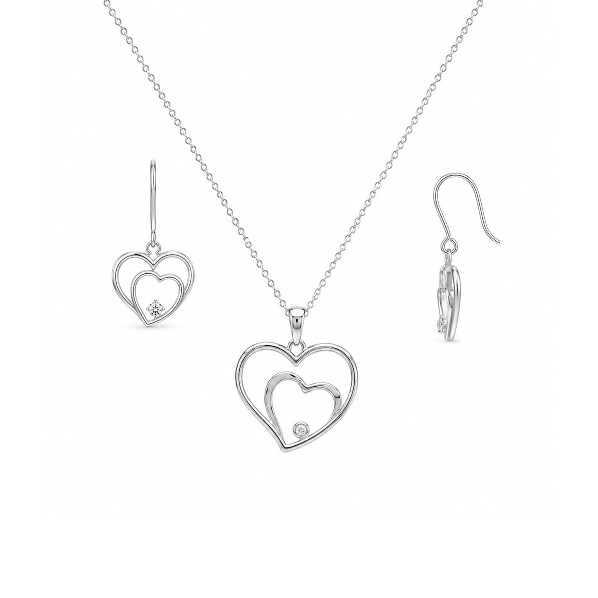 Rhodium Plated 925 Silver Graduated Open Heart CZ Dangling Hook Earring and Necklace Set - STS00176