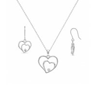 Rhodium Plated 925 Silver Graduated Open Heart CZ Dangling Hook Earring and Necklace Set - STS00176
