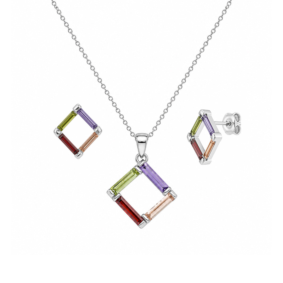 Rhodium Plated 925 Silver Multicolor Open Square CZ Stud Earring and Necklace Set - STS00216
