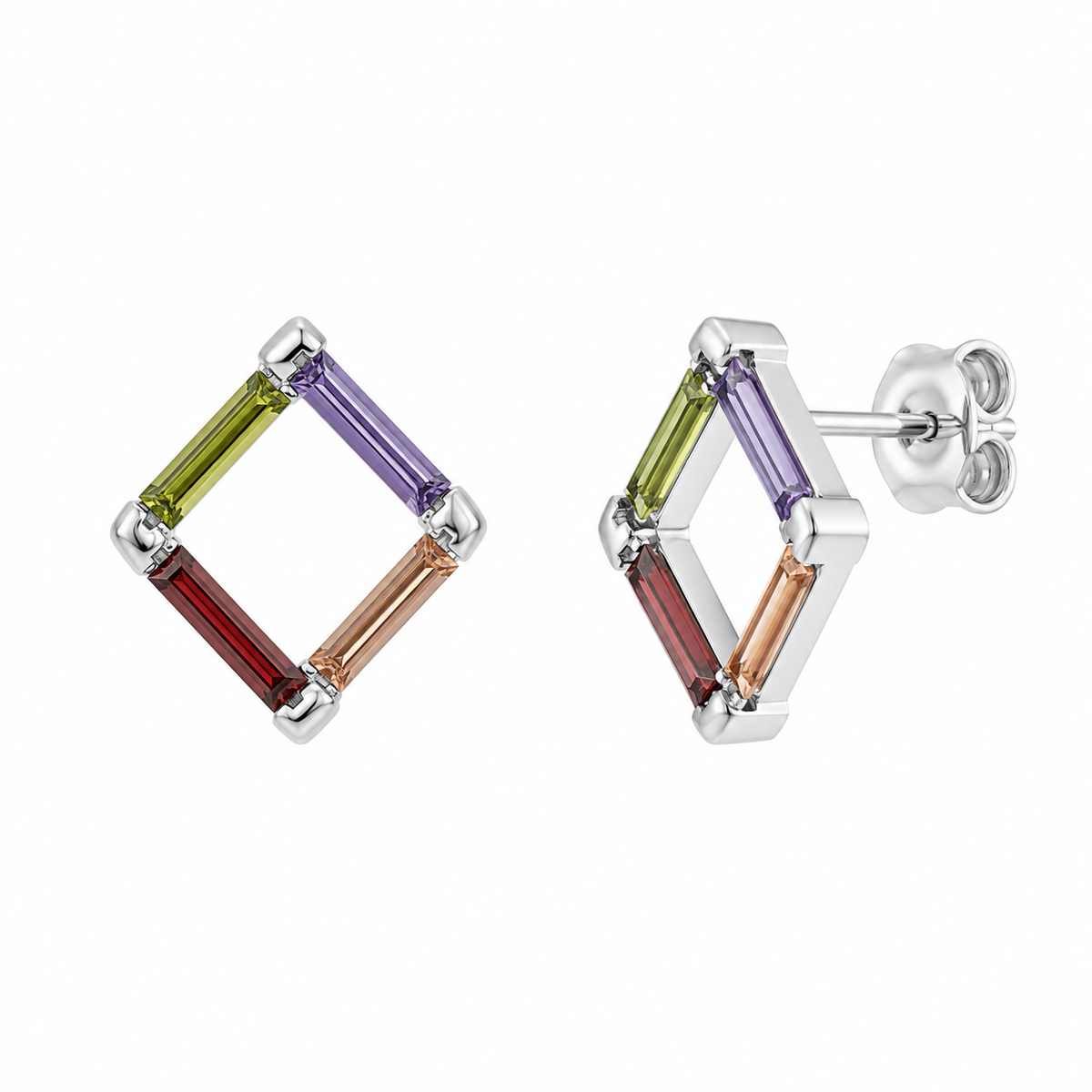 Rhodium Plated 925 Silver Multicolor Open Square CZ Stud Earring and Necklace Set - STS00216