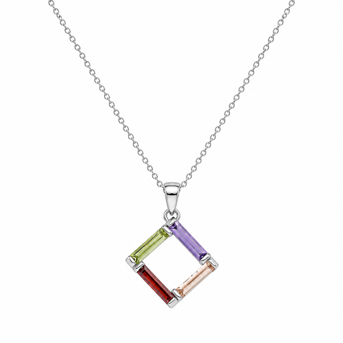 Rhodium Plated 925 Silver Multicolor Open Square CZ Stud Earring and Necklace Set - STS00216