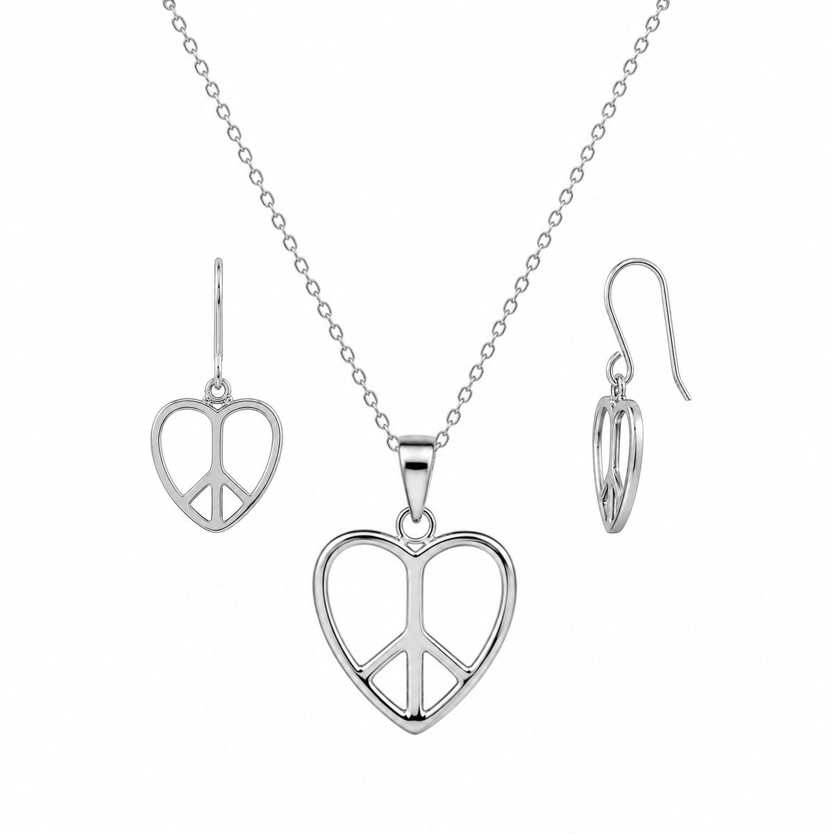 Rhodium Plated 925 Silver Plain Heart Peace Sign Dangling Earring and Necklace Set - STS00237