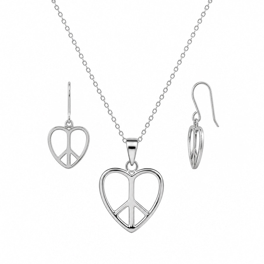 Rhodium Plated 925 Silver Plain Heart Peace Sign Dangling Earring and Necklace Set - STS00237