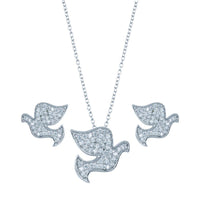 Rhodium Plated 925 Sterling Silver Dove CZ Stud Earring and Necklace Set - STS00285