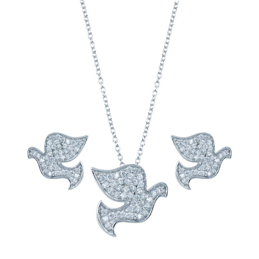 Rhodium Plated 925 Sterling Silver Dove CZ Stud Earring and Necklace Set - STS00285