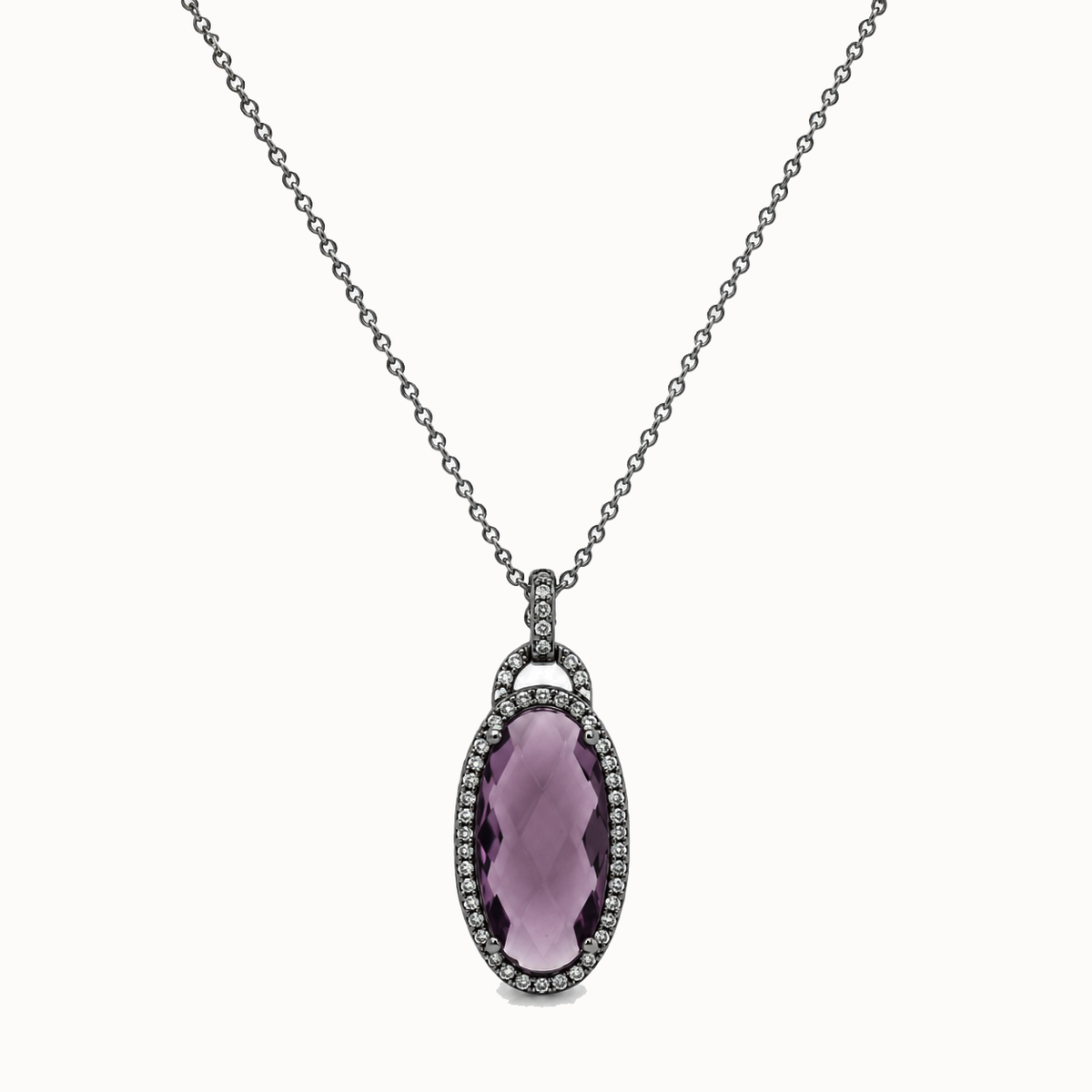 Black Rhodium Plated 925 Silver Oval Purple Hand Cut CZ Dangling Matching Set - STS00301