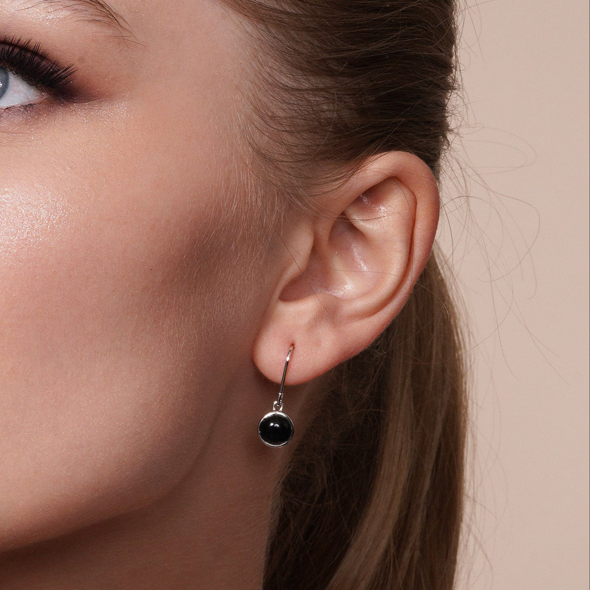 Silver 925 Rhodium Plated Round Black Onyx CZ Dangling Hook Earring and Necklace Set - STS00356