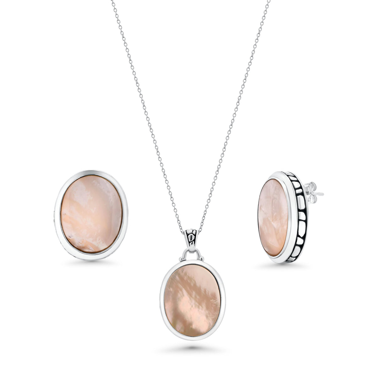 Clearance-Silver 925 Rhodium Plated White Oval Mother of Pearl CZ Stud Earring and Necklace Set - STS00369