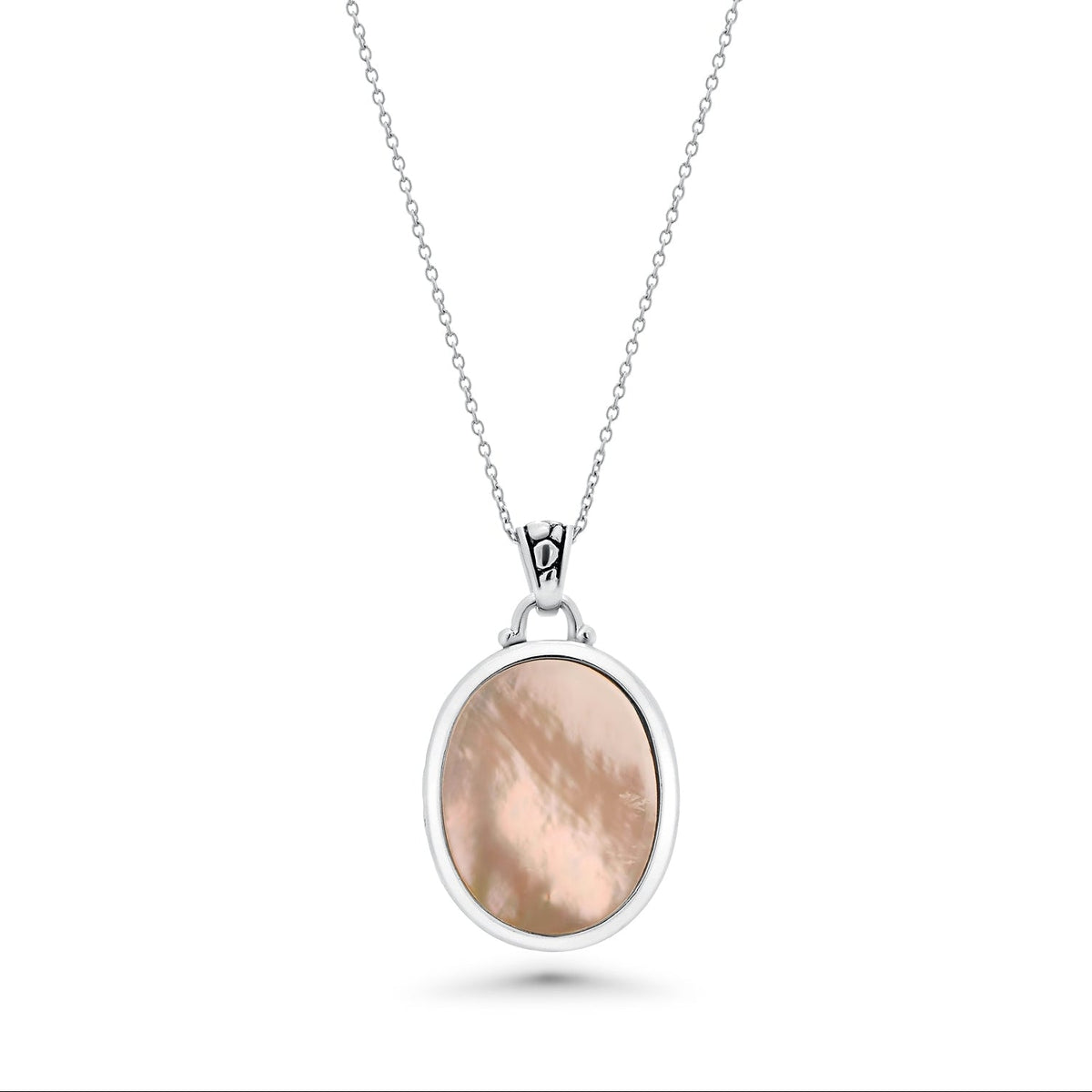 Clearance-Silver 925 Rhodium Plated White Oval Mother of Pearl CZ Stud Earring and Necklace Set - STS00369