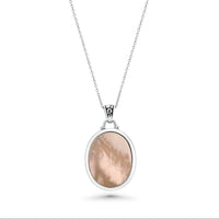 Clearance-Silver 925 Rhodium Plated White Oval Mother of Pearl CZ Stud Earring and Necklace Set - STS00369