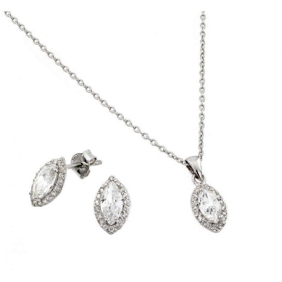 Silver 925 Rhodium Plated Marquis CZ Stud Earring and Necklace Set - STS00485CZ