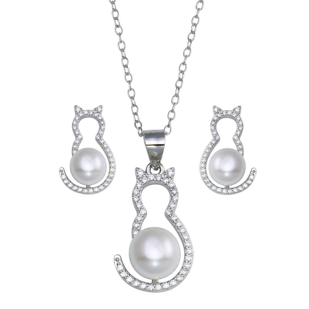 Rhodium Plated 925 Sterling Silver Cat CZ Mother of Pearl Set - STS00536