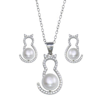 Rhodium Plated 925 Sterling Silver Cat CZ Mother of Pearl Set - STS00536