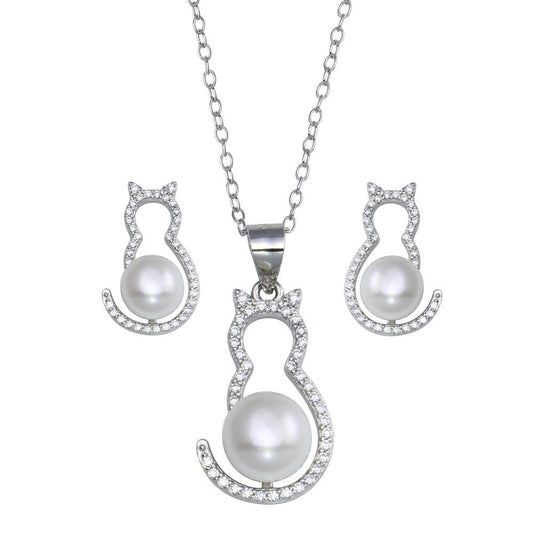 Rhodium Plated 925 Sterling Silver Cat CZ Mother of Pearl Set - STS00536