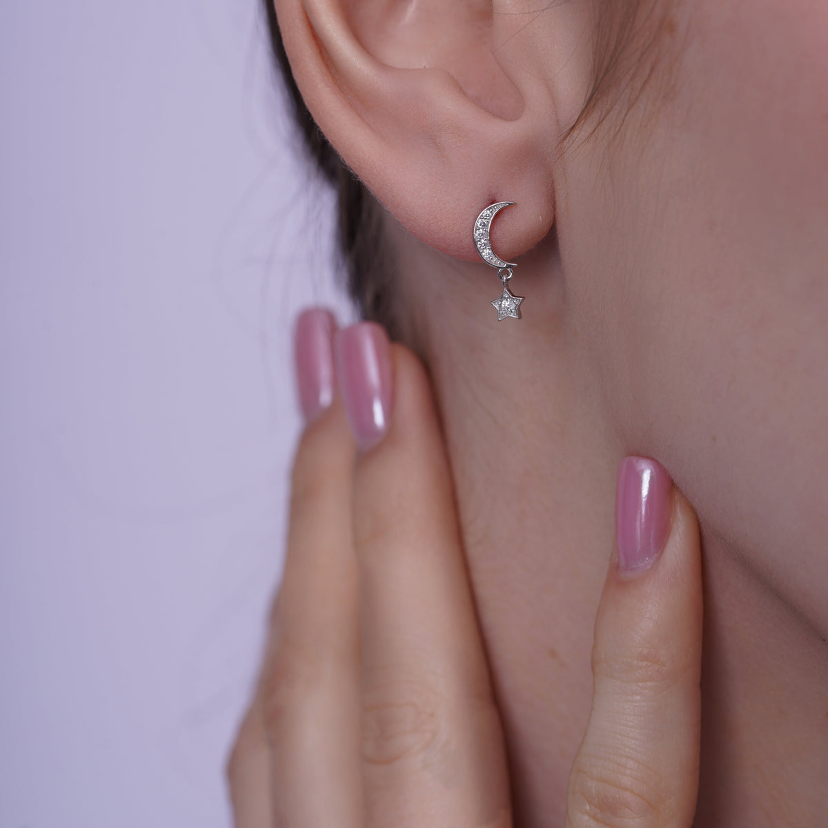 Rhodium Plated 925 Sterling Silver Moissanite Moon and Star Drop Stud Earrings - MTGE00035