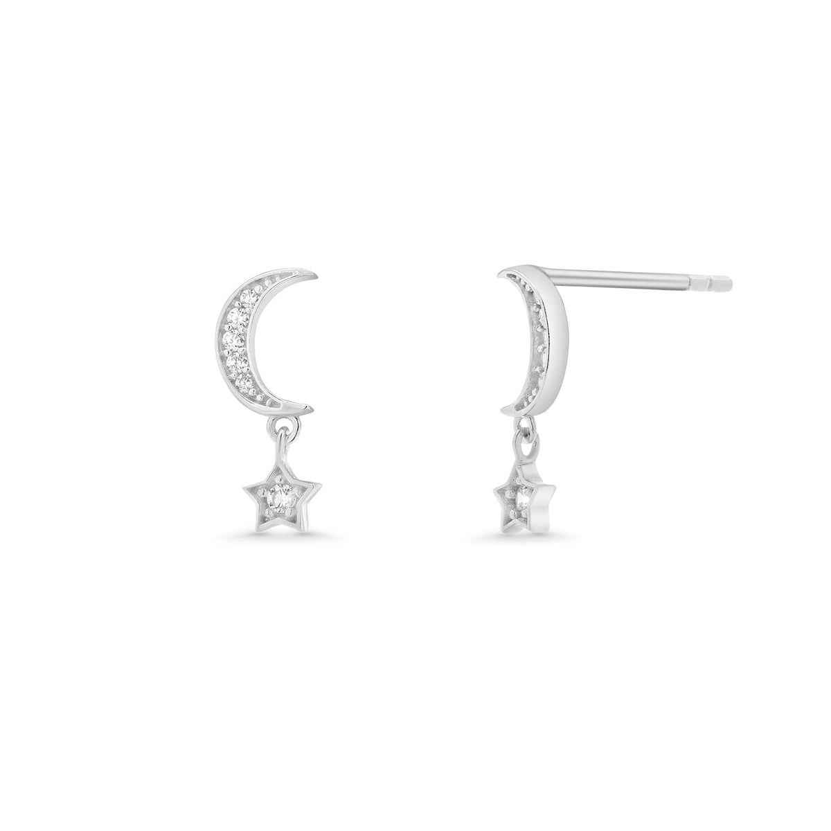 Rhodium Plated 925 Sterling Silver Moissanite Moon and Star Drop Stud Earrings - MTGE00035