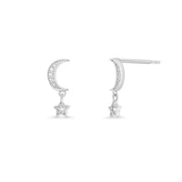 Rhodium Plated 925 Sterling Silver Moissanite Moon and Star Drop Stud Earrings - MTGE00035