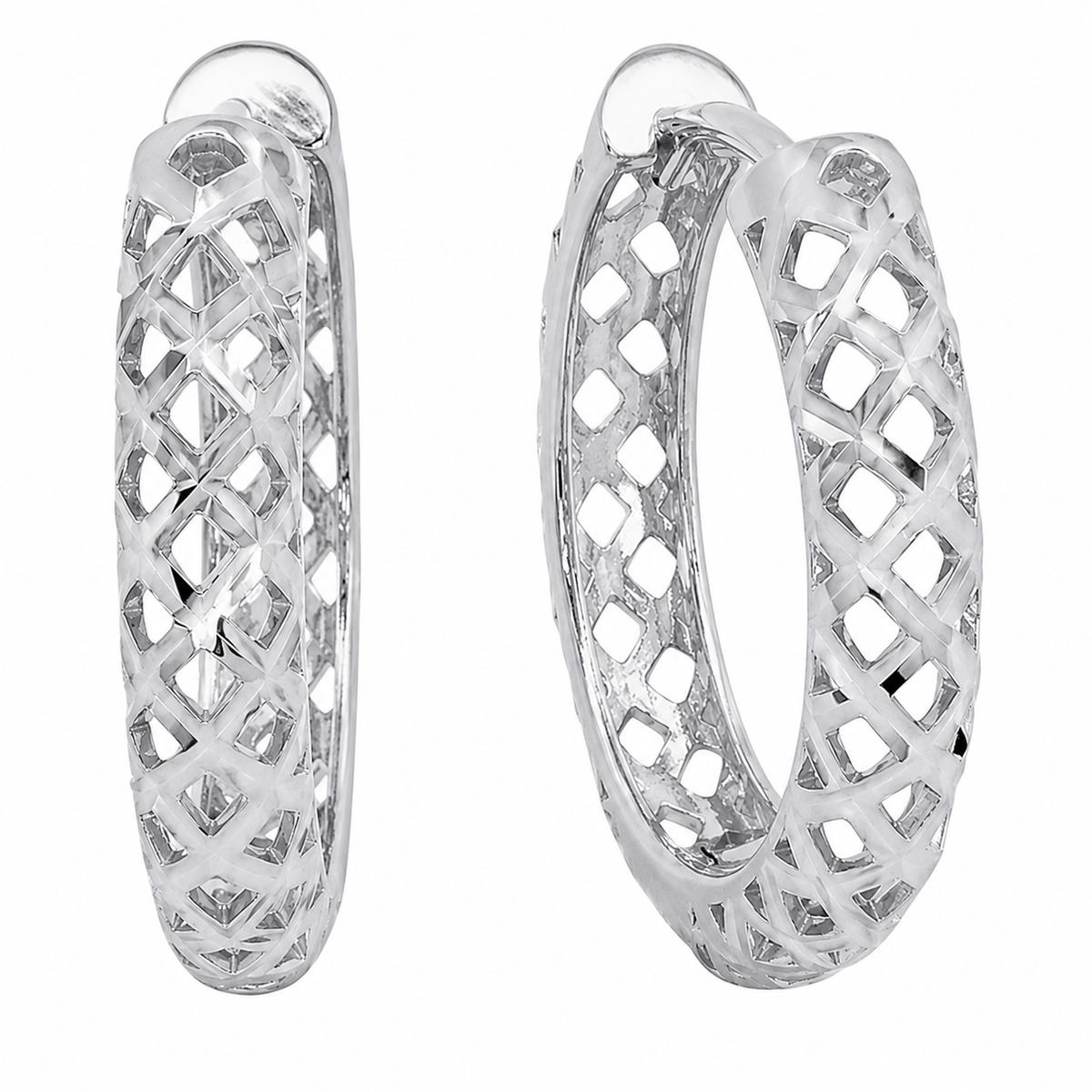 Rhodium Plated 925 Sterling Silver Diamond Cut Openwork Textured Lattice Hoop Earrings - TGE00038