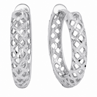 Rhodium Plated 925 Sterling Silver Diamond Cut Openwork Textured Lattice Hoop Earrings - TGE00038