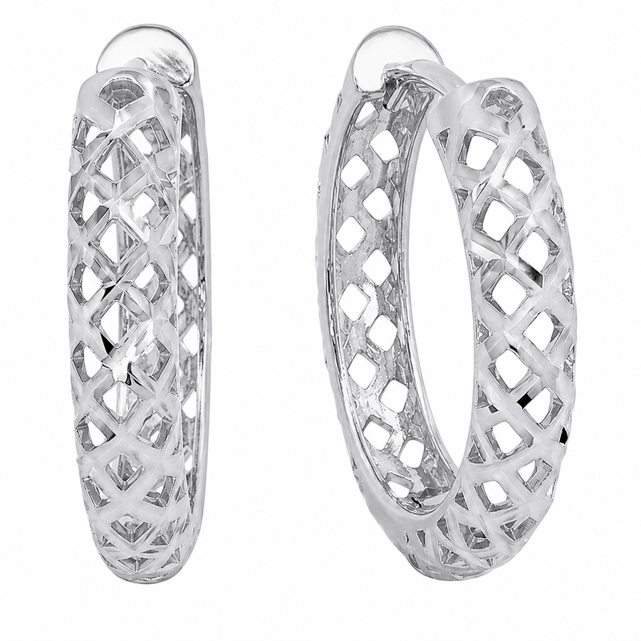 Rhodium Plated 925 Sterling Silver Diamond Cut Openwork Textured Lattice Hoop Earrings - TGE00038