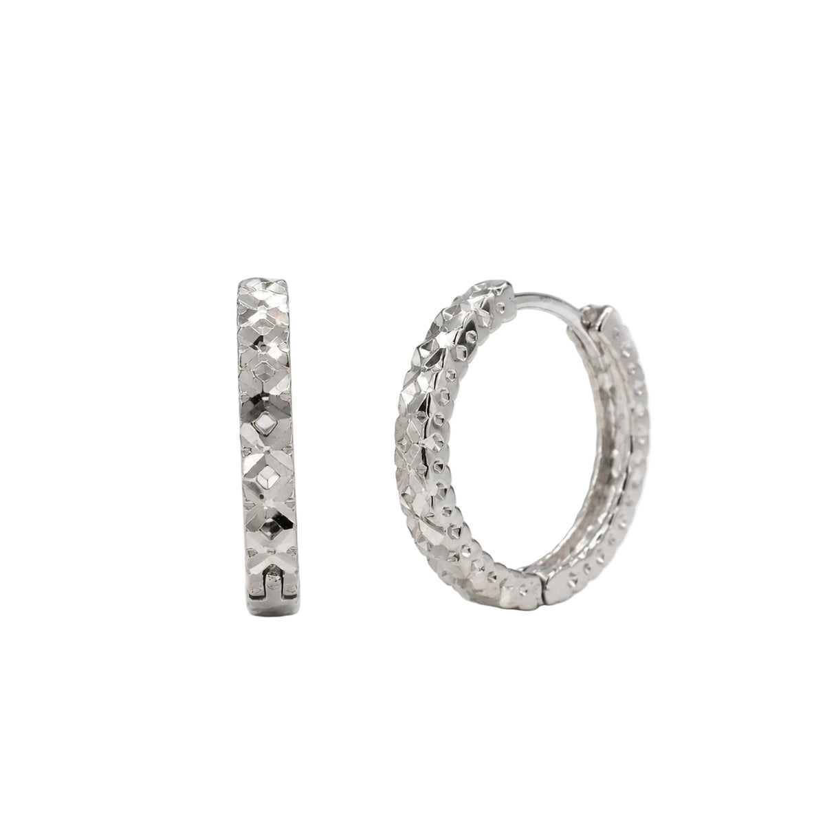 Rhodium Plated 925 Sterling Silver Diamond Cut Hoop Earrings - TGE00040