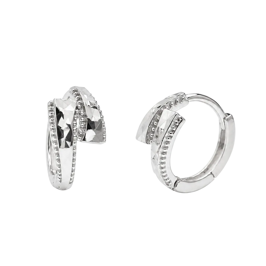 Rhodium Plated 925 Sterling Silver Diamond Cut Geometric Hoop Earrings - TGE00045