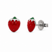 Rhodium Plated 925 Sterling Silver Enamel Strawberry Stud Earrings - TGE00057
