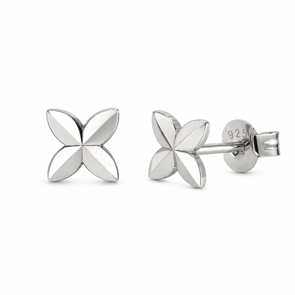 Rhodium Plated 925 Sterling Silver Diamond Cut Quatrefoil Stud Earrings - TGE00059