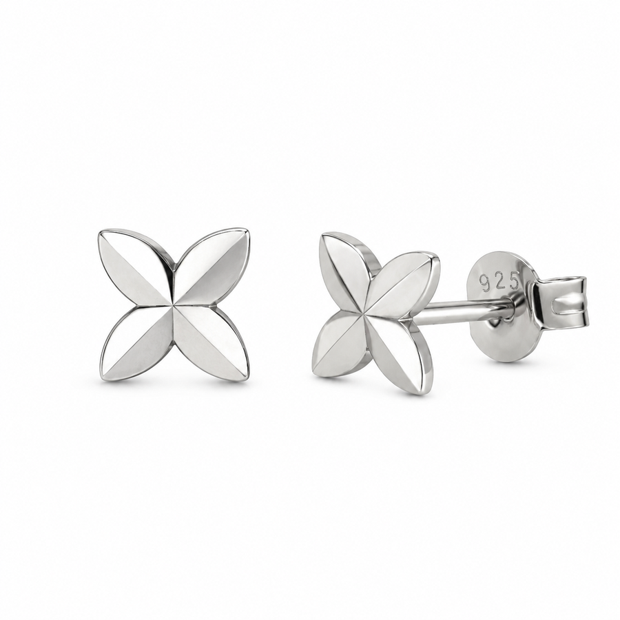 Rhodium Plated 925 Sterling Silver Diamond Cut Quatrefoil Stud Earrings - TGE00059