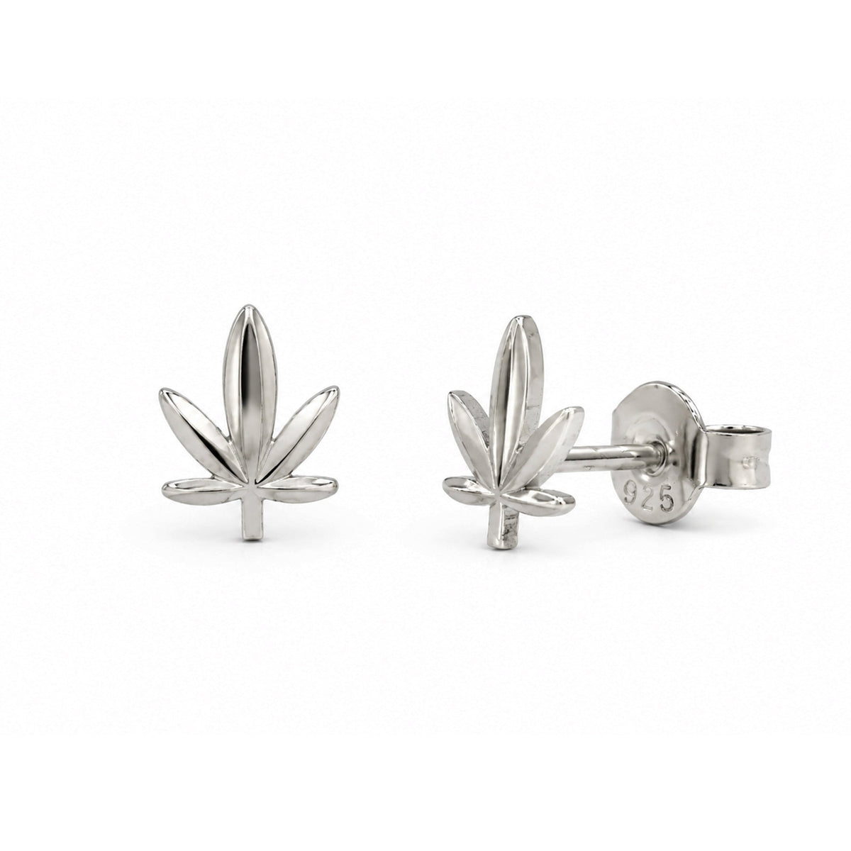 Rhodium Plated 925 Sterling Silver Diamond Cut Cannabis Stud Earrings - TGE00060