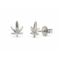 Rhodium Plated 925 Sterling Silver Diamond Cut Cannabis Stud Earrings - TGE00060