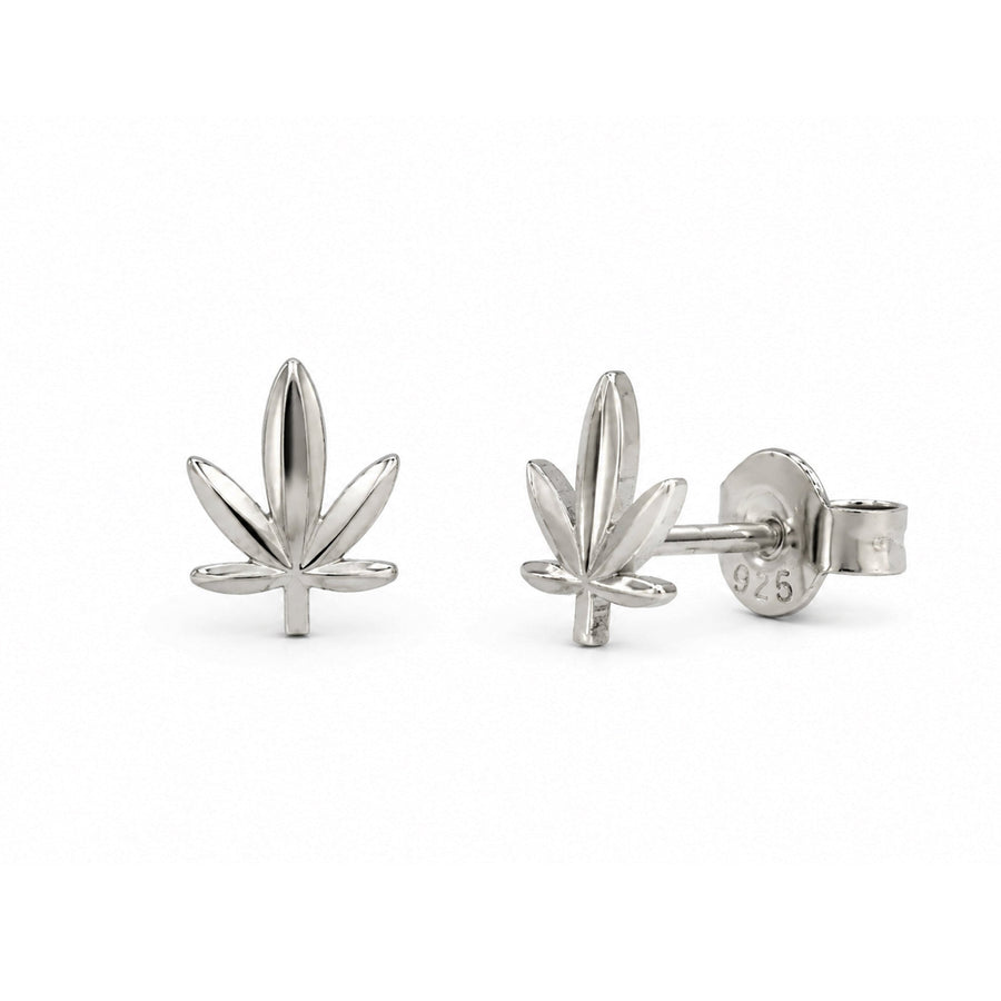 Rhodium Plated 925 Sterling Silver Diamond Cut Cannabis Stud Earrings - TGE00060