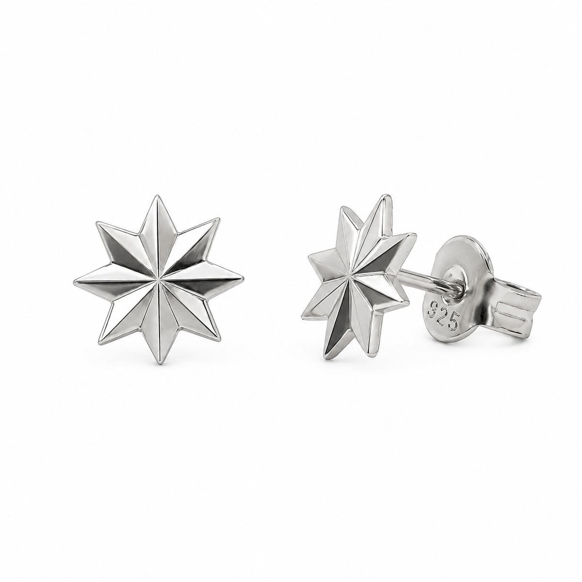 Rhodium Plated 925 Sterling Silver Diamond Cut Starburst Stud Earrings - TGE00061