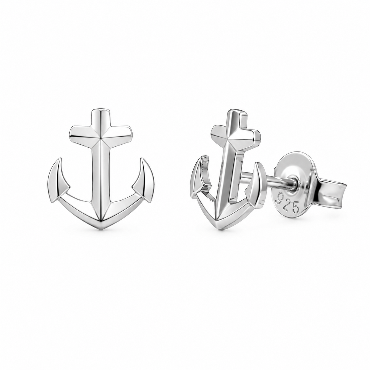 Rhodium Plated 925 Sterling Silver Diamond Cut Anchor Stud Earrings - TGE00062