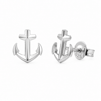 Rhodium Plated 925 Sterling Silver Diamond Cut Anchor Stud Earrings - TGE00062