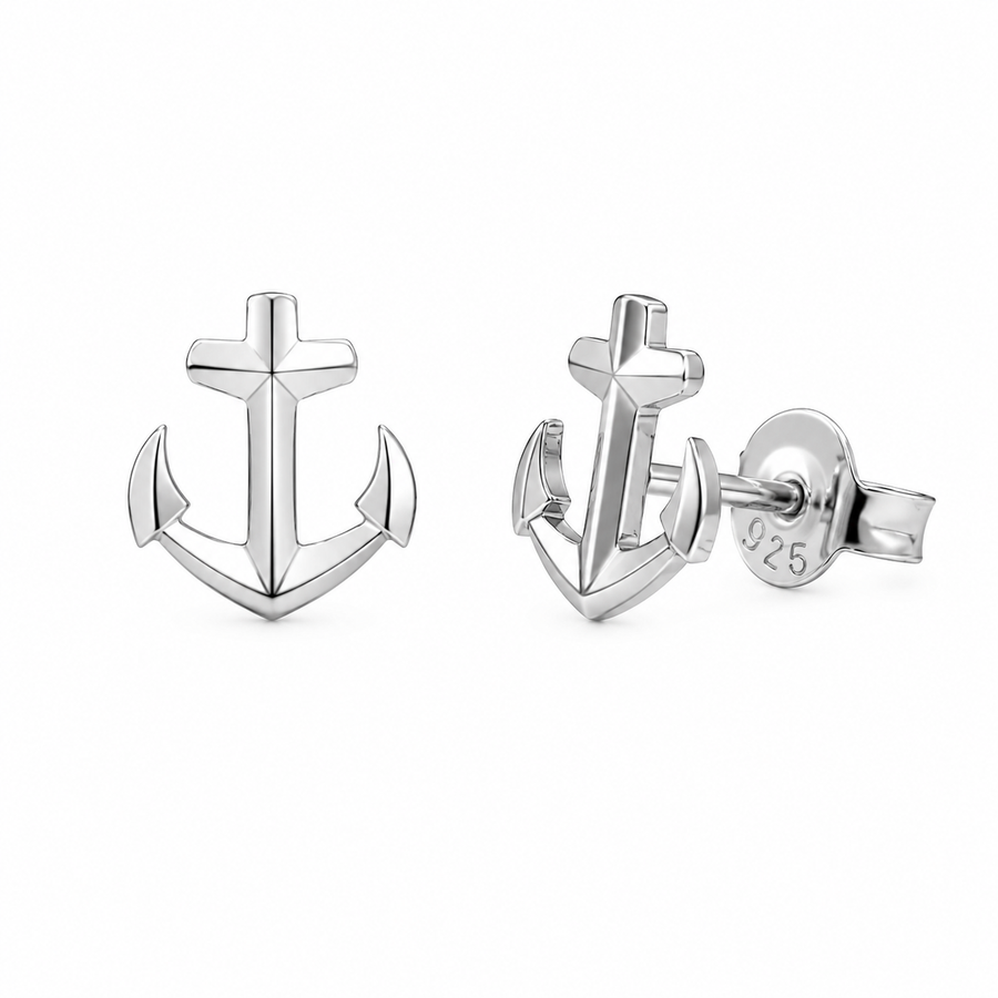 Rhodium Plated 925 Sterling Silver Diamond Cut Anchor Stud Earrings - TGE00062