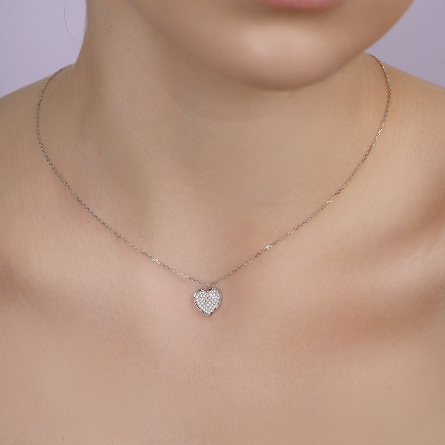 Rhodium Plated 925 Sterling Silver Moissanite 11mm x 13mm Heart Studded Adjustable Necklace - MTGN00005