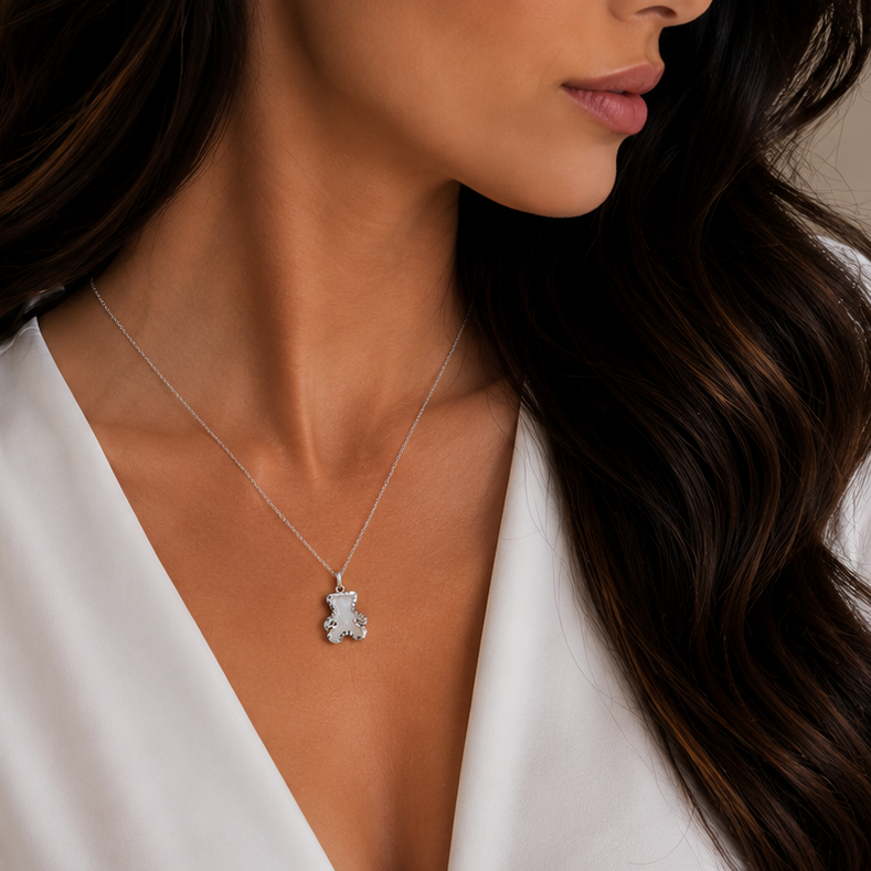 Rhodium Plated 925 Sterling Silver Diamond Cut Dainty Teddy Bear Pearl Necklace - TGN00012